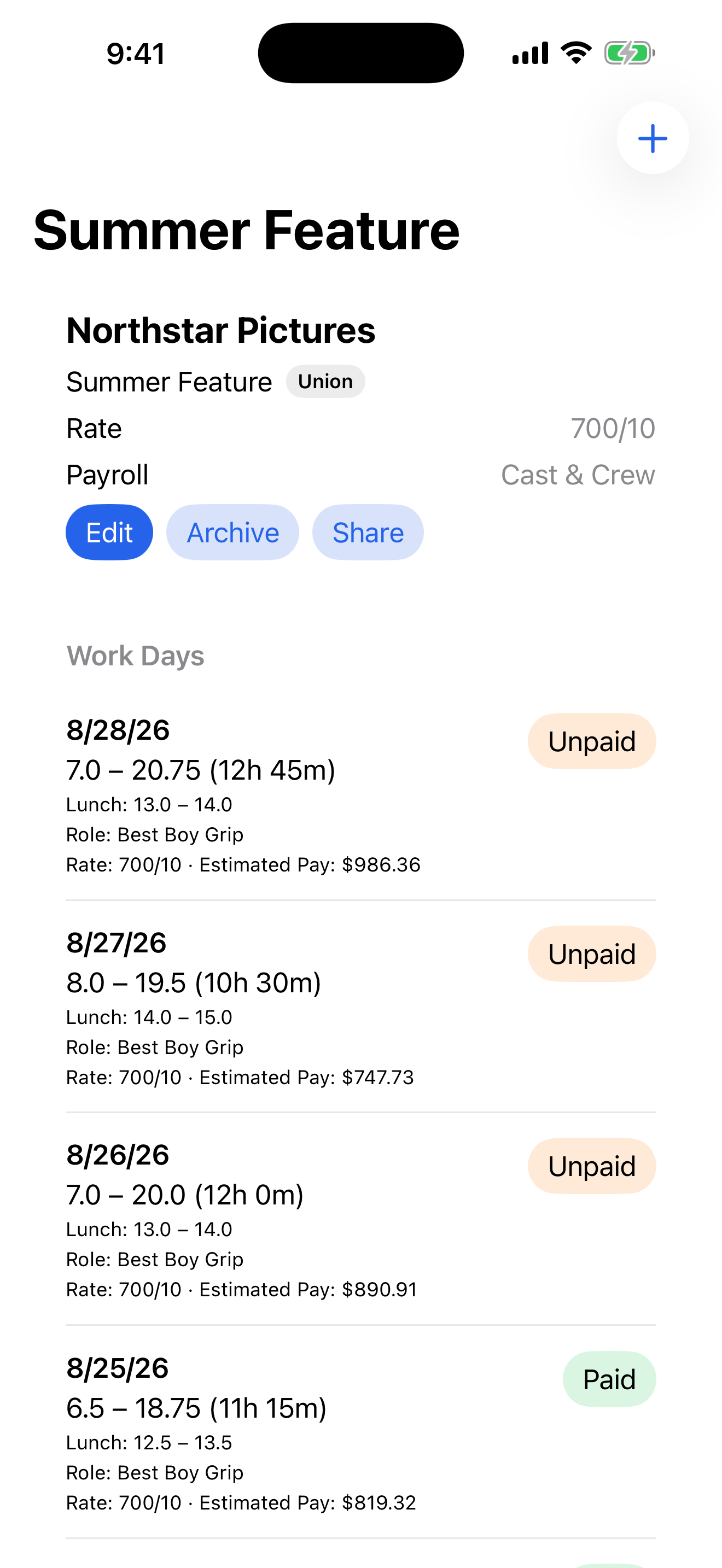 Job details with work days and estimated pay