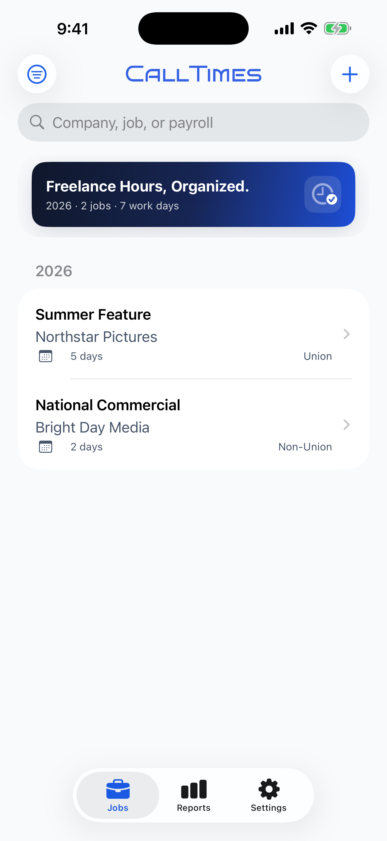 CallTimes 2.0 Jobs screen showing current-year totals and sample jobs