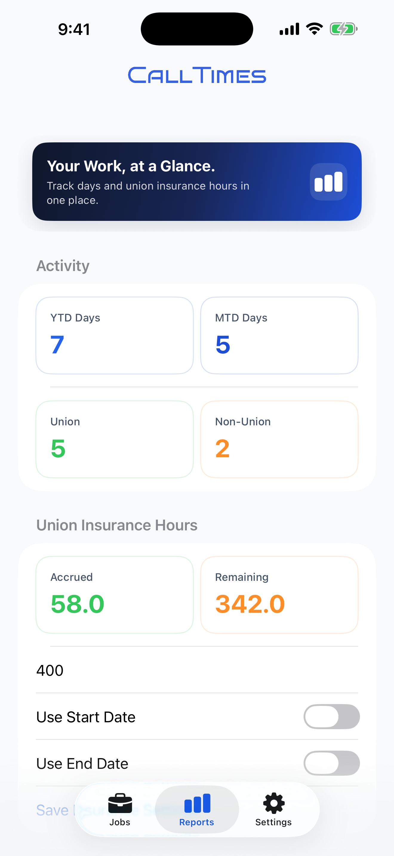 Reports dashboard with annual and union totals