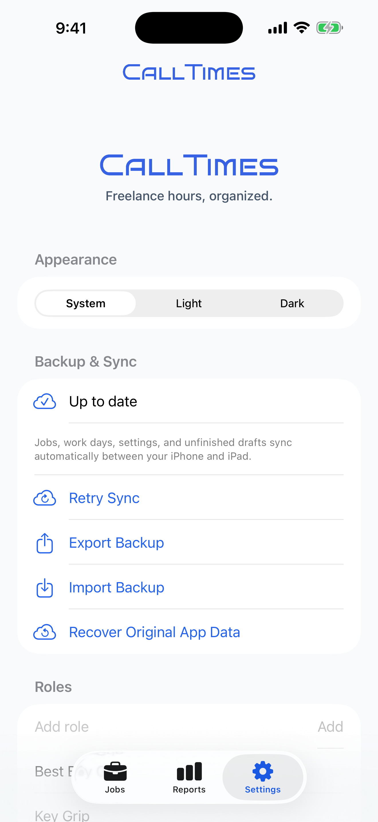 CallTimes settings and iCloud sync options
