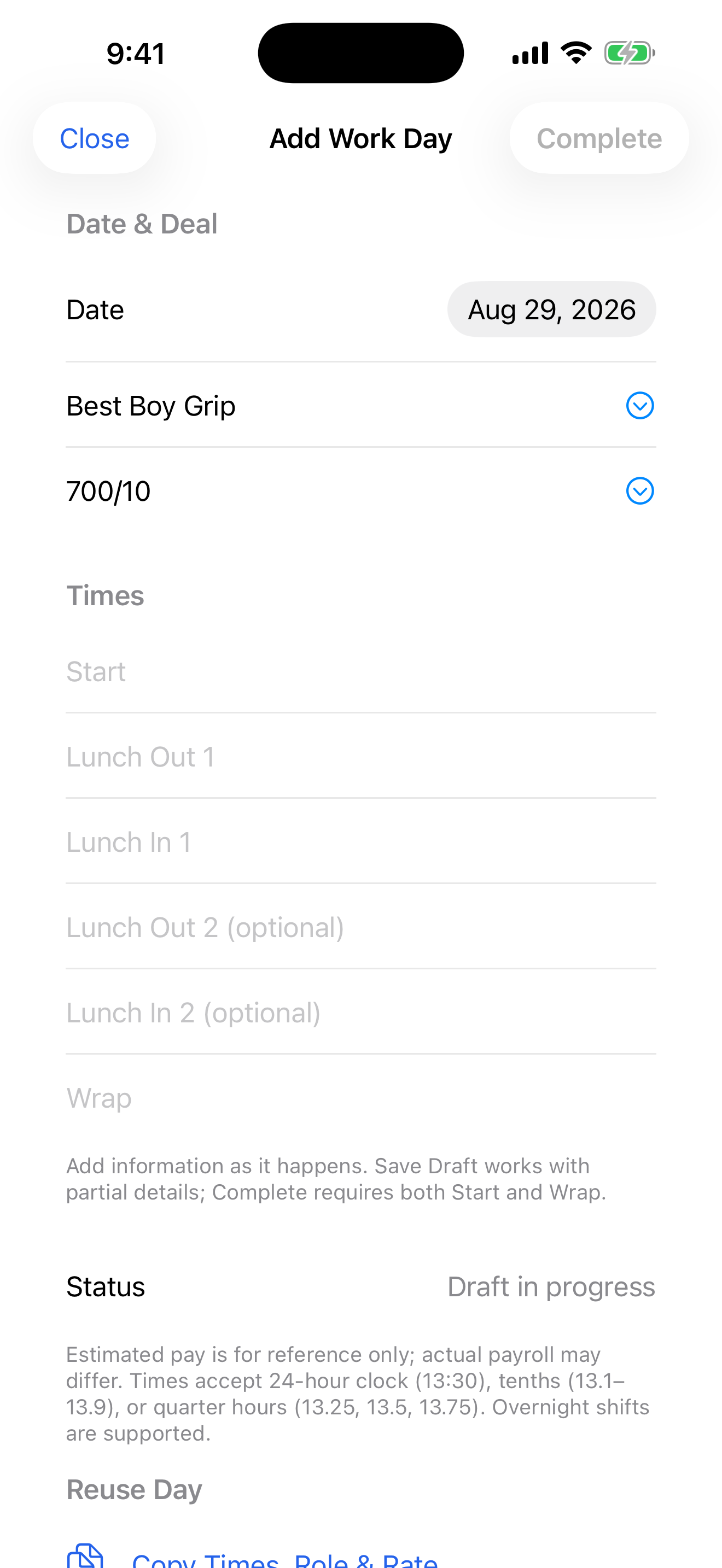 Add Work Day form with partial draft workflow